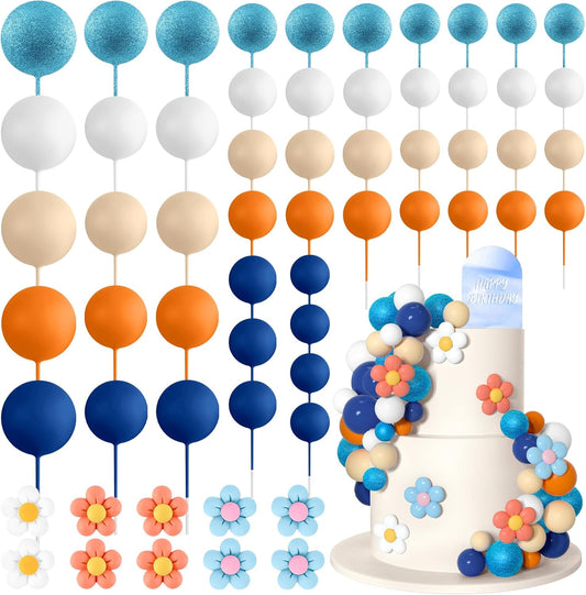 61 Pcs Boho Cake Topper Balls Decorations Mini Balloon Cake Topper Retro Hippie Daisy Flower Acrylic Ball Cake for Birthday Party Wedding Rainbow Baby Shower (Blue Orange)