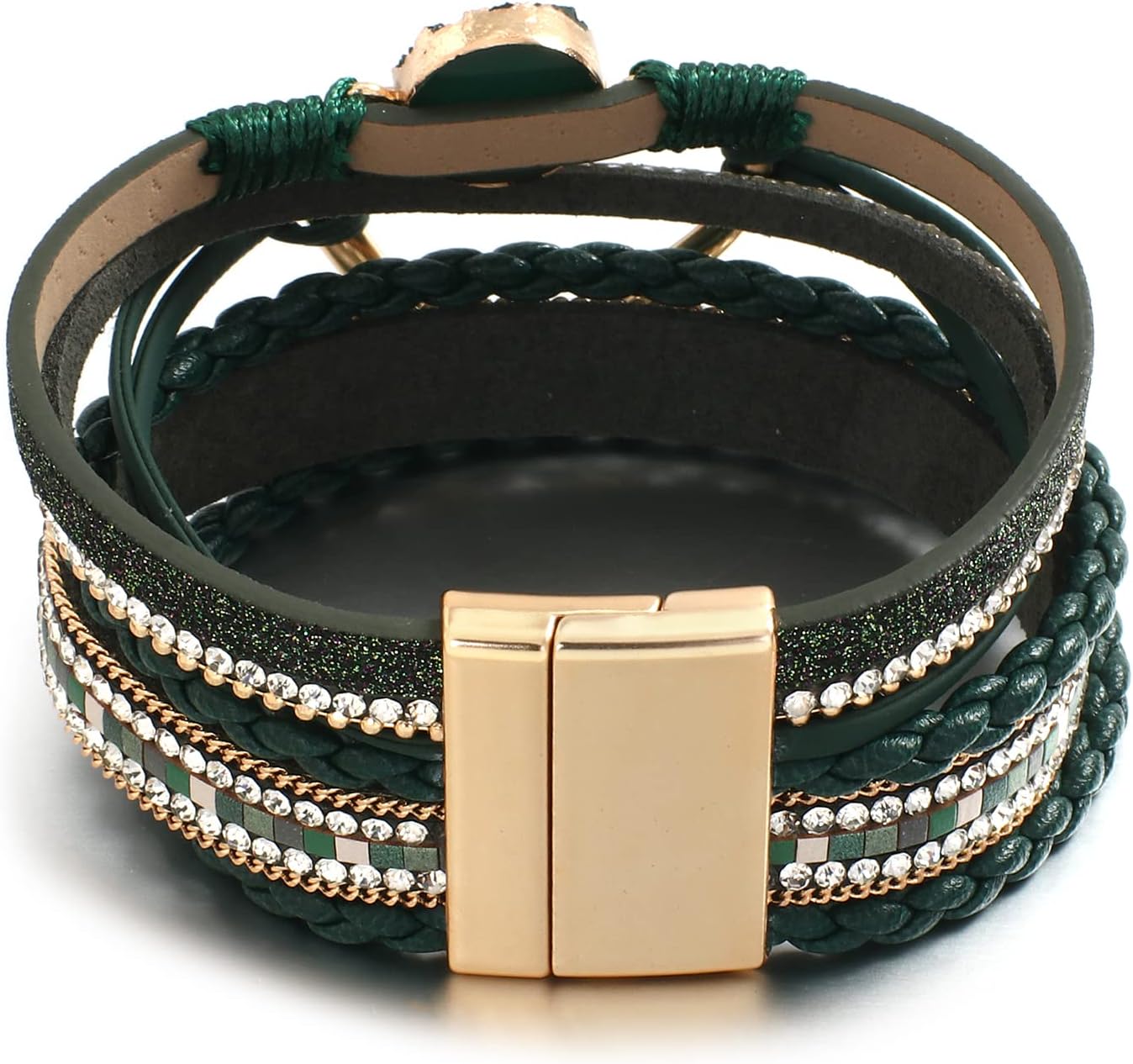 Leather Wrap Bracelet for Women Beaded Cuff Bracelet with Heart-shape Decor Bohemian Crystal Bracelet Jewelry with Clasp Bangle Bracelet for Women Girls Birthday Holiday Gift