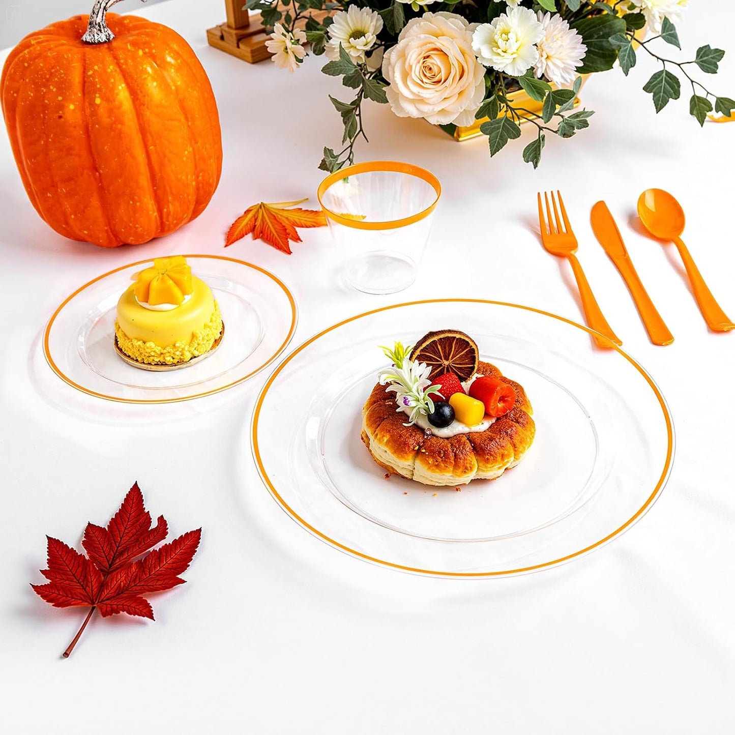 SUT 350Pcs Orange and Clear Plastic Dinnerware Set for 50 Guests, Include: 50 Dinner Plate, 50 Dessert Plates, 50 Pre Rolled Napkins With Silverware, 50 Cups, Disposable Plates for Thanksgiving, Party