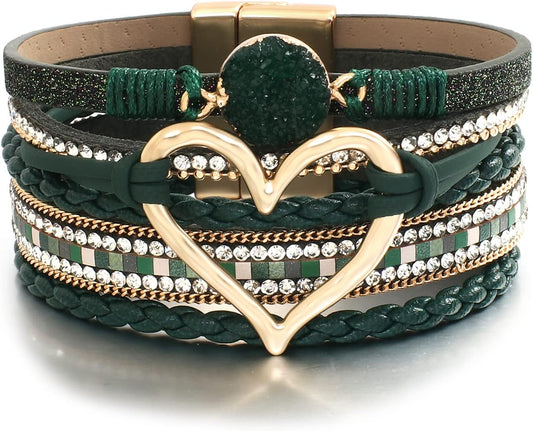 Leather Wrap Bracelet for Women Beaded Cuff Bracelet with Heart-shape Decor Bohemian Crystal Bracelet Jewelry with Clasp Bangle Bracelet for Women Girls Birthday Holiday Gift