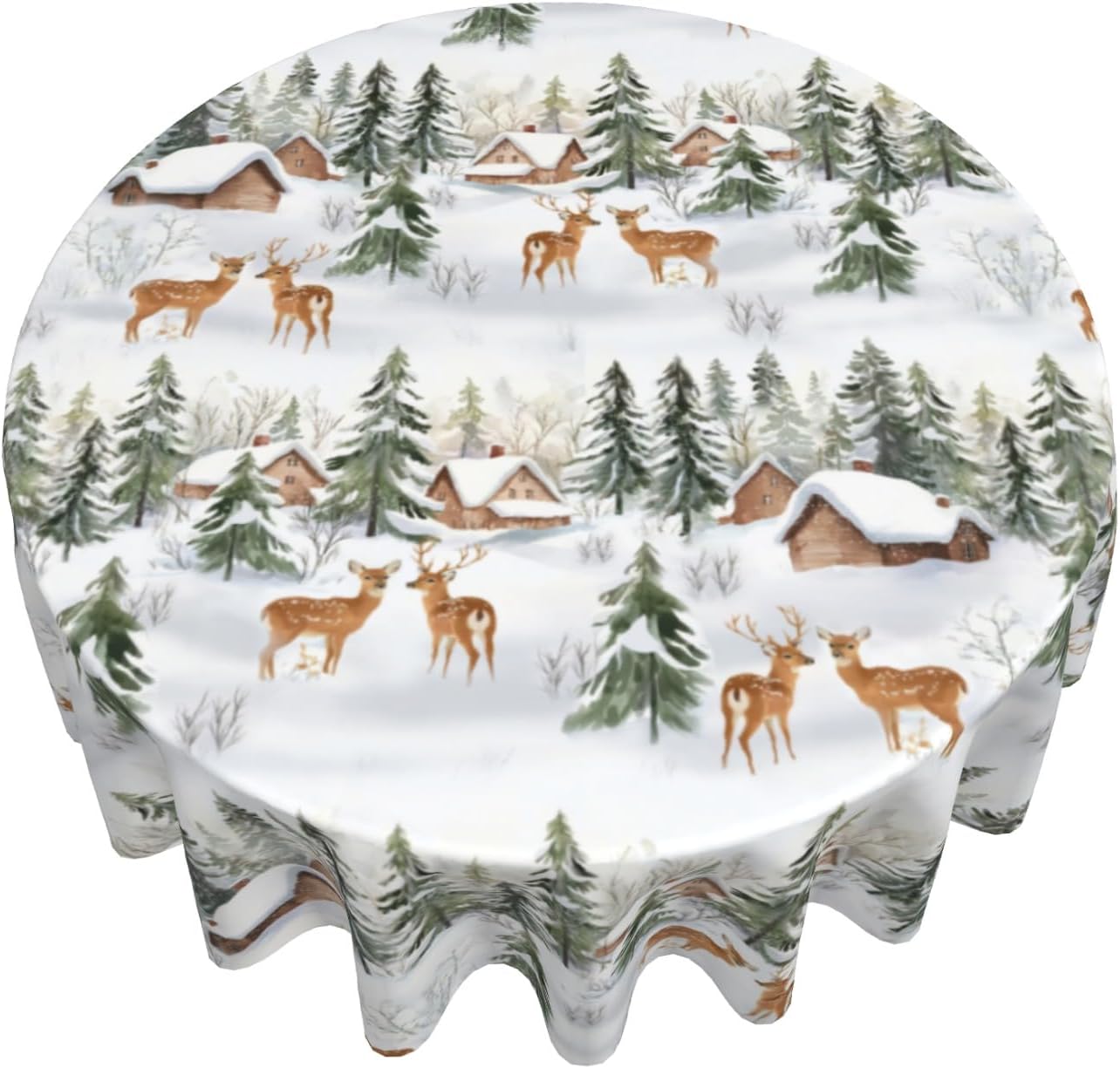 Giwawa Winter Deer Round Tablecloth- 60Inch Christmas Reindeer Elk Trees Table Cover- Xmas Snow Scene Farmhouse Table Cloth Heat Stain Resistant for Kitchen Dining Holiday Indoor Outdoor Decor