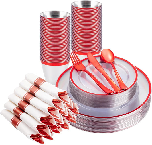 175PCS Clear and Red Disposable Plates Set for 25 Guests, 50 Plastic Plates, 25 Cups, 25 Pre-Rolled Napkins with Plastic Cutlery for Party, Birthday, Thanksgiving, Halloween, Christmas