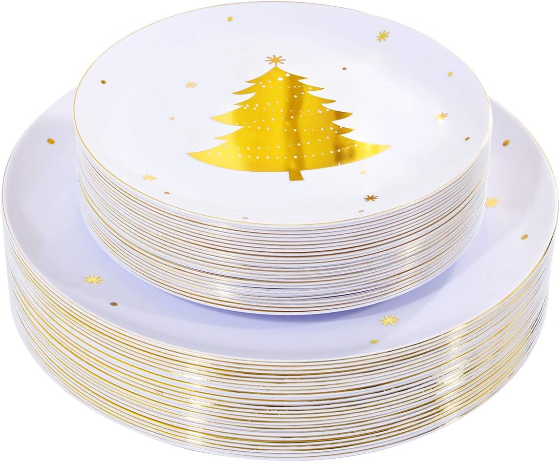 WDF 50Pieces Gold Plastic Plates-Christmas Tree Plastic Plates-Heavyweight White and Gold Disposable Plates for Christmas