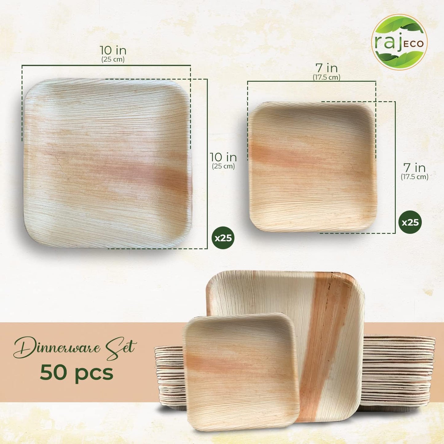 Raj Palm Leaf Plates [50-Pack] 10"x25 7"x25 Square Plates like Bamboo plates Disposable, Decorative Compostable Tableware for wedding, Lunch, Dinner, Birthday, Camping, Outdoor BBQ, Picnic