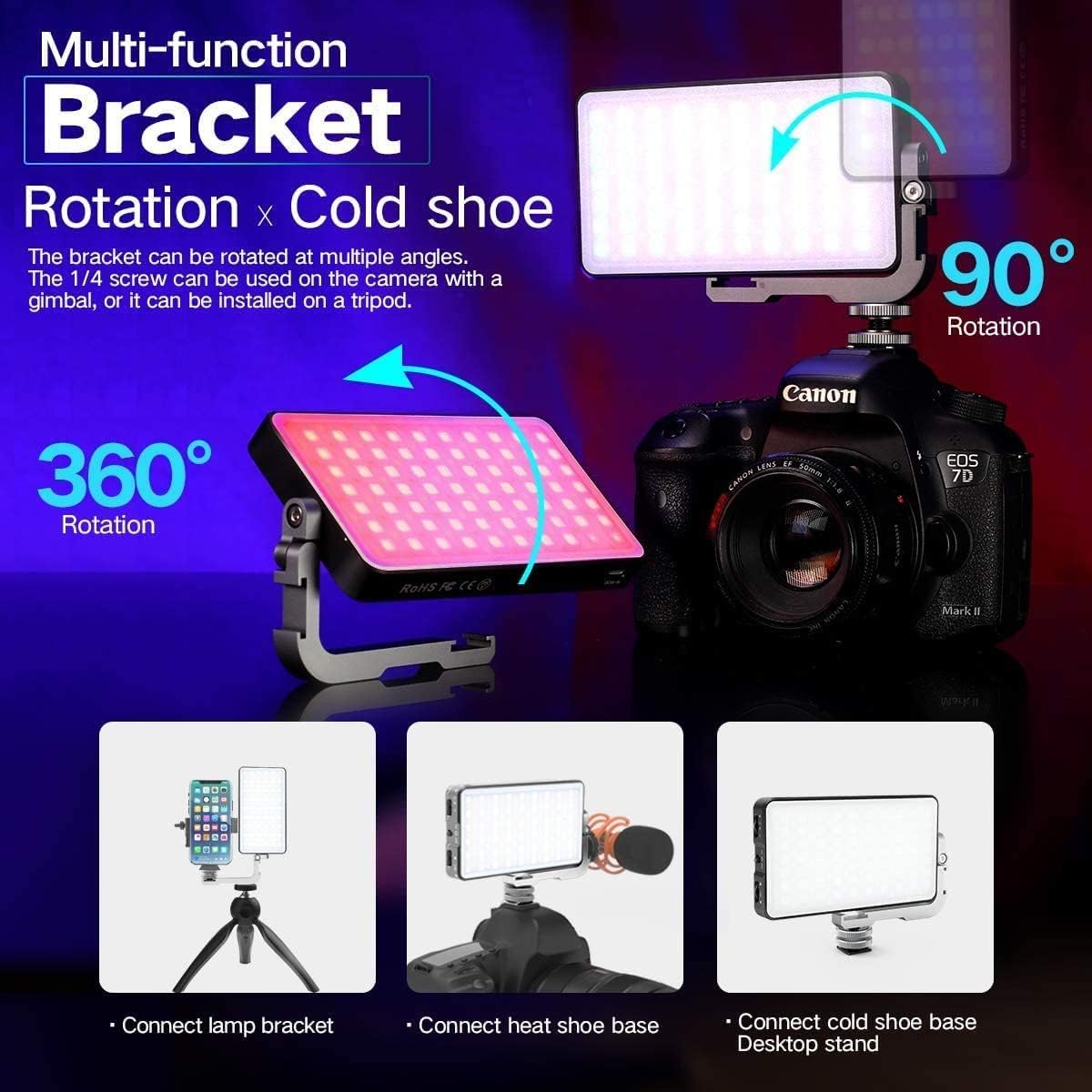 G2 Pocket RGB Camera Light,32Wh Built-in 4300mAh Rechargeable Battery 360°Full Color Gamut 9 Light Effects,2600-10000K LED Video Light Panel with Aluminum Alloy Body, Adjustable Tripod Stand