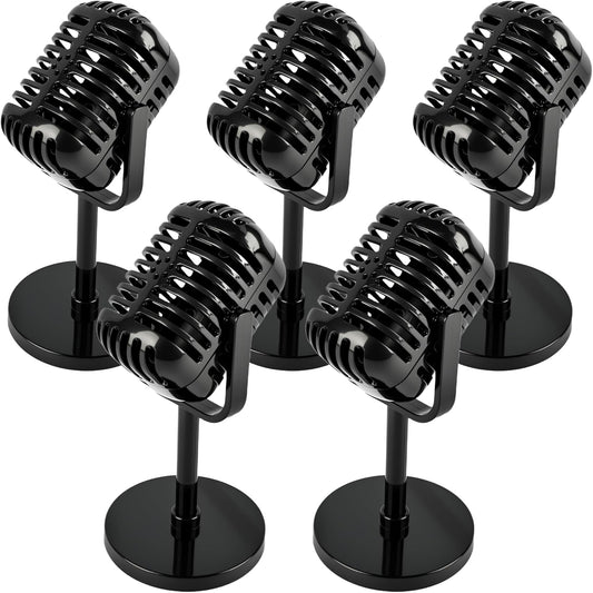 5 Pcs Microphone Props Model Retro Vintage Microphone Prop with Stand Fake Microphone Pretend Mic Centerpiece for Hip Hop Cosplay Music Party Decorations (Black)