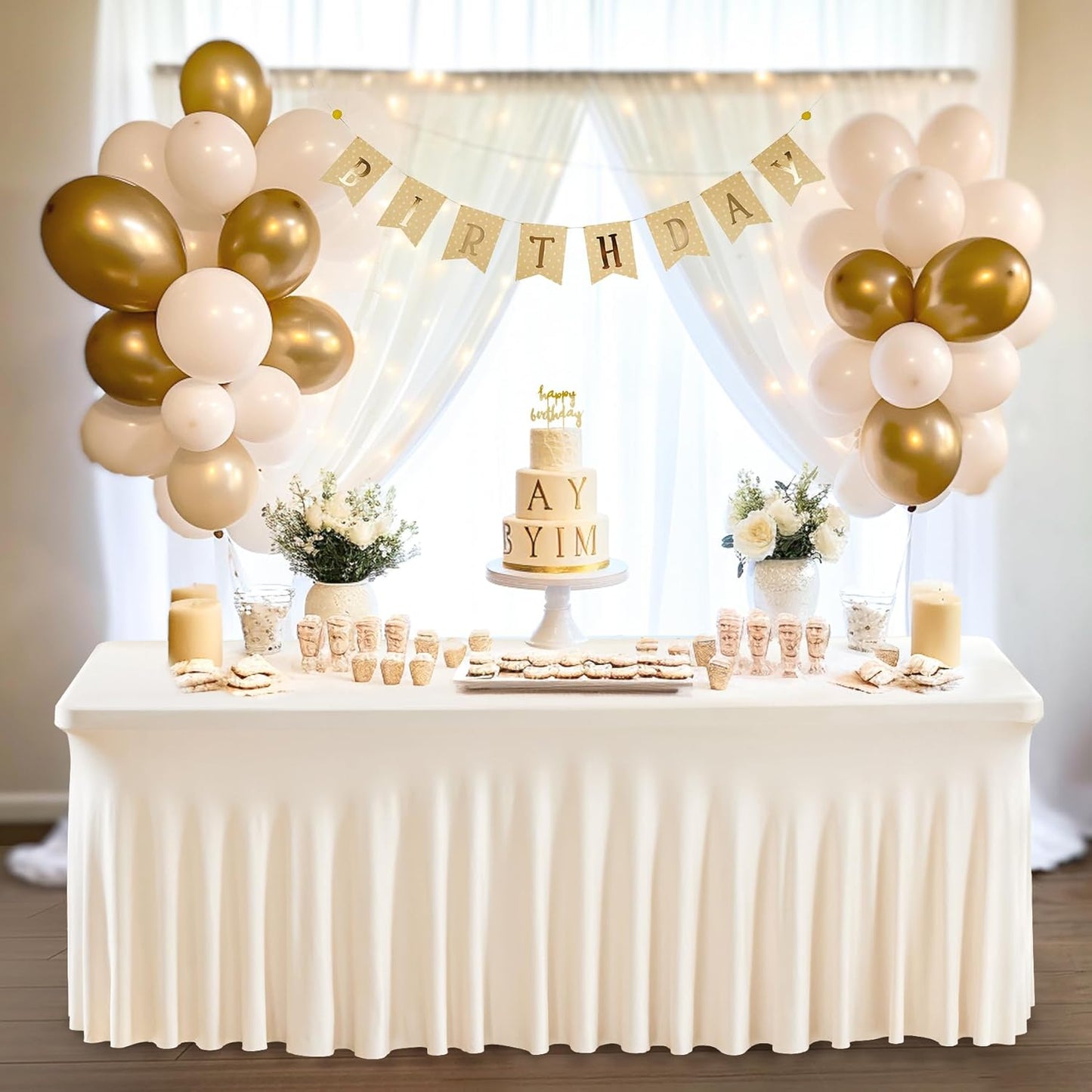 2 Packs Ivory Table Clothes for 8 Foot Rectangle Tables, One-Piece Wrinkle Resistant Stretch Spandex Table Covers with Skirt for Event Banquet Wedding Birthday Party