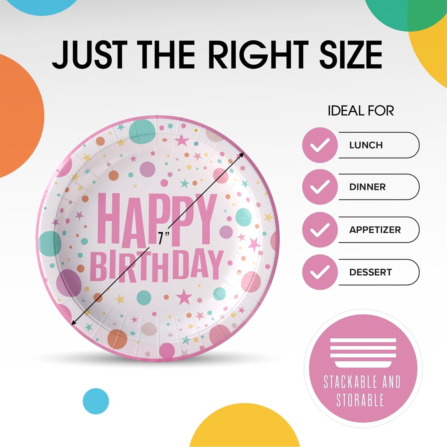 Exquisite Pink Happy Birthday Plates 7" Birthday Paper Plates 100 Pcs Pink Party Plate | Disposable Heavy Duty 350 Gsm Disposable Plate For Party Supplies And Decorations