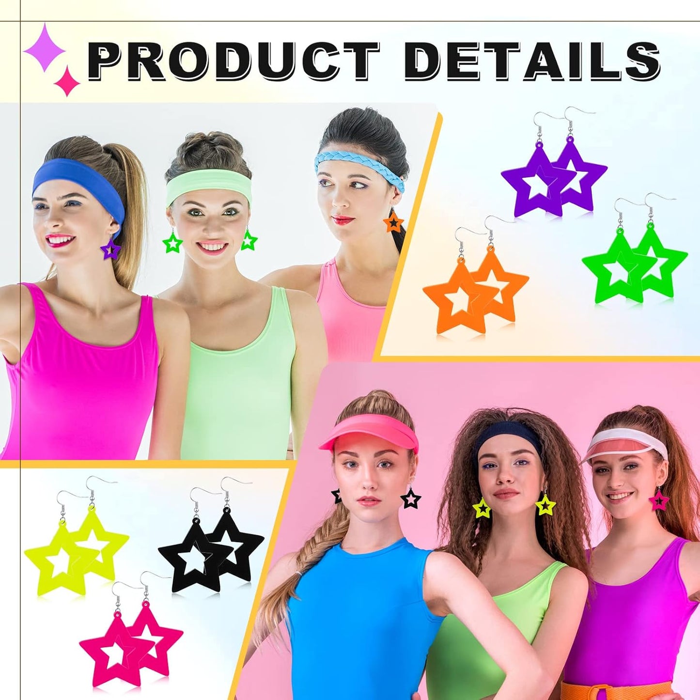 Yinkin 6 Pairs 80s 90s Neon Earrings Lightning Earrings for Women Halloween Costume Party Dancing Glow Party Accessory