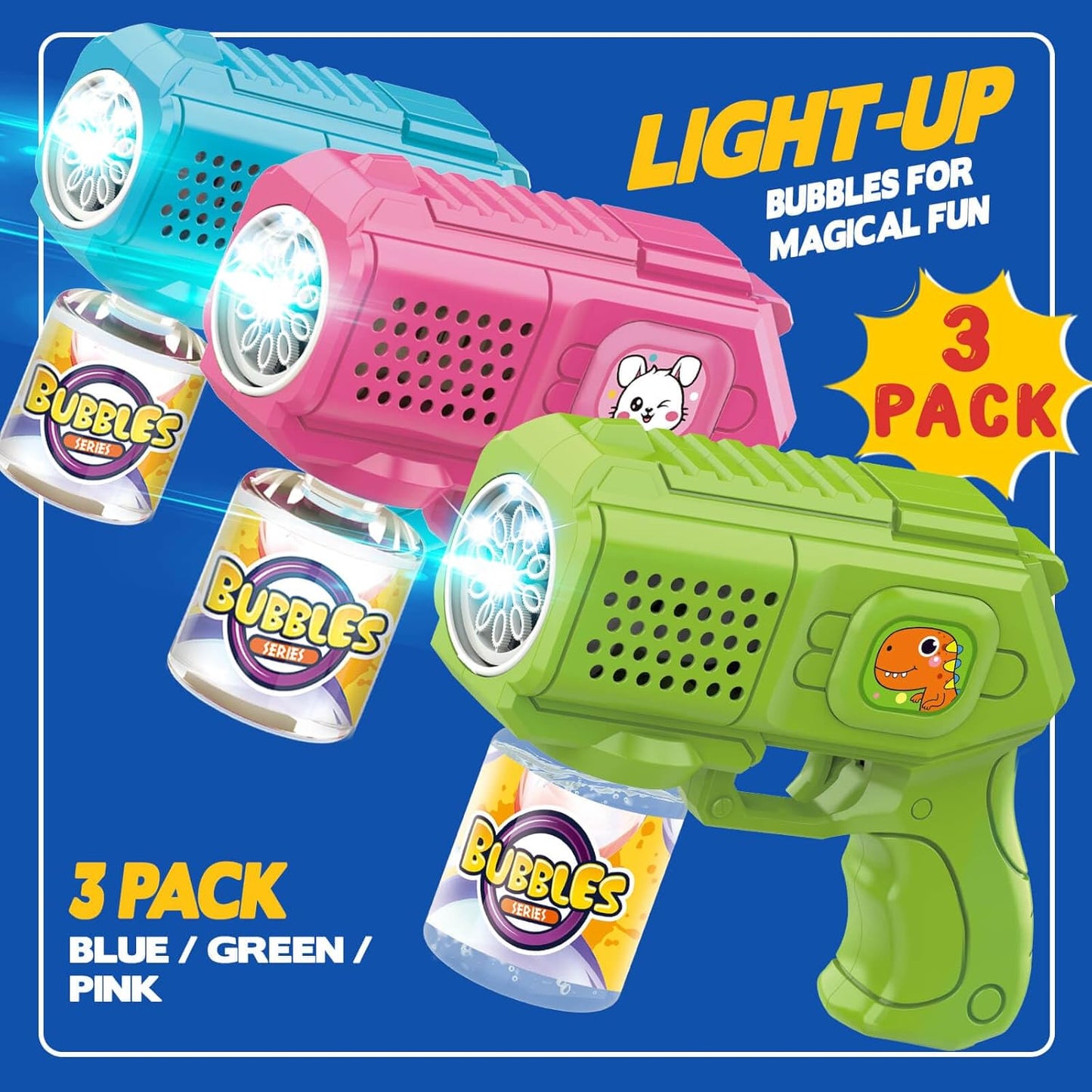 Bubble Guns with Bubble Solution- 3 Pack, Bubbles Gun, Blaster, Blower, Maker, Machine for Boys Girls, Birthday Gifts for Ages 3 4 5 6 7 8 Year Old Kid, Outdoor Toys for Toddlers, Party, Wedding