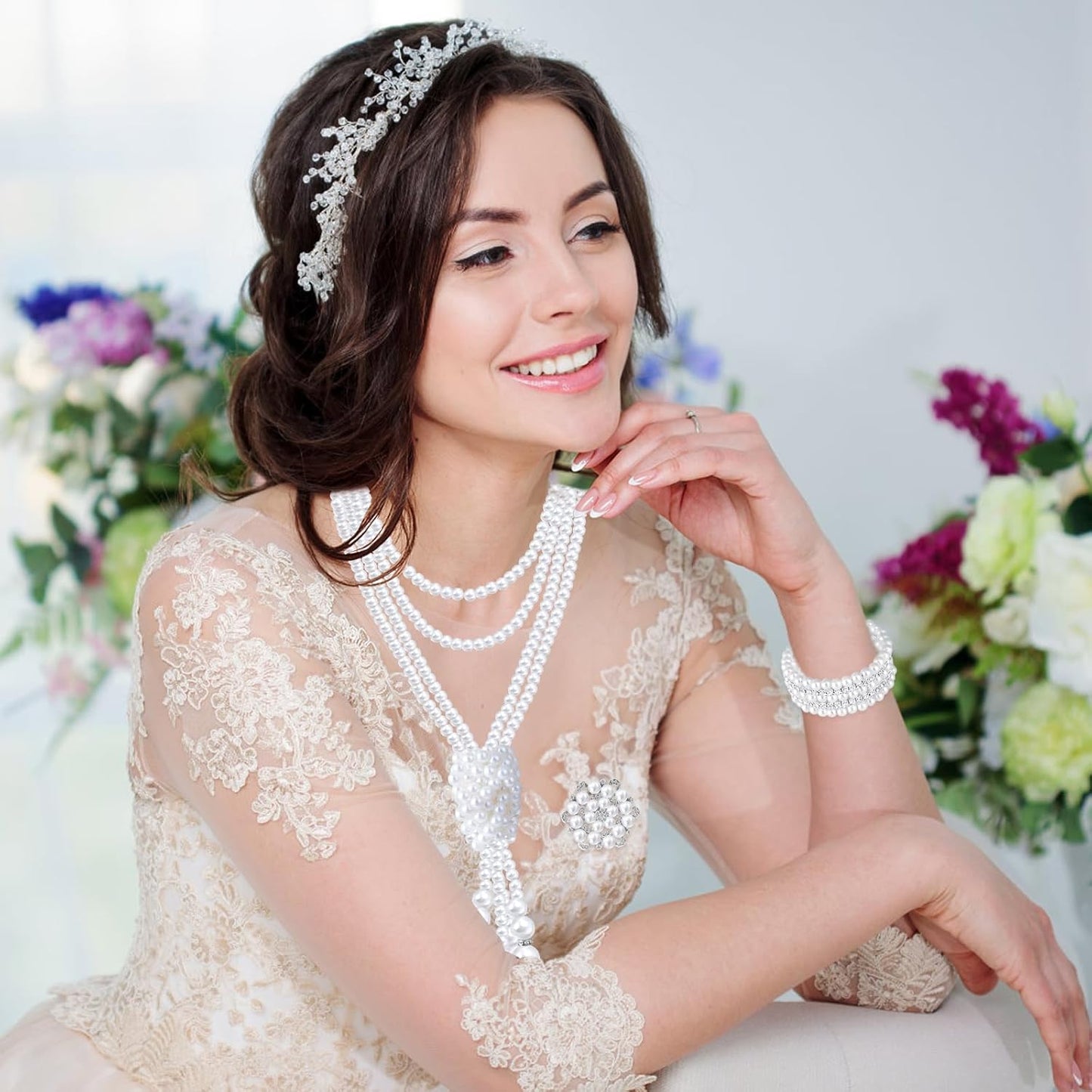 Pearl Jewelry Set for Women Faux Pearl Costume Jewelry Set with Necklace, Bracelets, Ring, Earrings for Wedding Bridal Birthday Tea Party