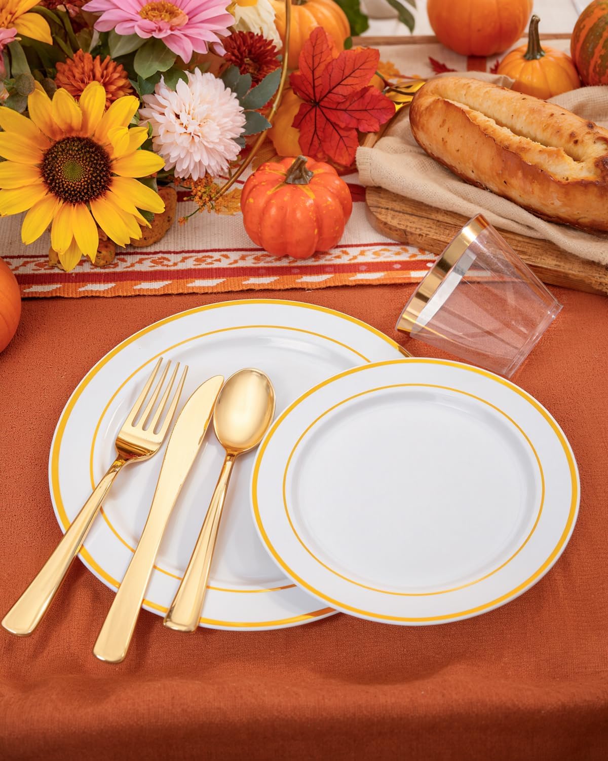 bUCLA 150PCS Gold Plastic Dinnerware Set Disposable - Heavy Duty Gold Plates Include 25 Dinner & 25 Dessert Plates,25 Forks,25 Knives,25 Spoons&25 Cups for Party&Thanksgiving Table Decor