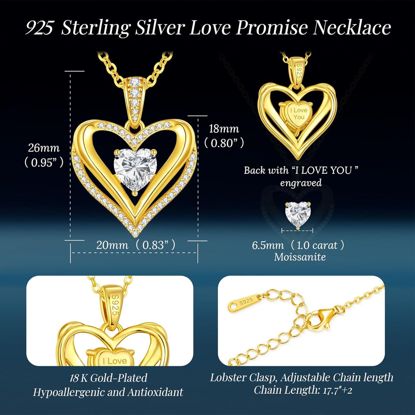 Moissanite Infinity Love Heart Pendant Necklaces for Women, 1-3 Carat 925 Sterling Silver 18K Gold Plated Engraved with"I LOVE YOU', Anniversary Birthday Present Jewelry Christmas Day Gift for Women Wife Girlfriend Her