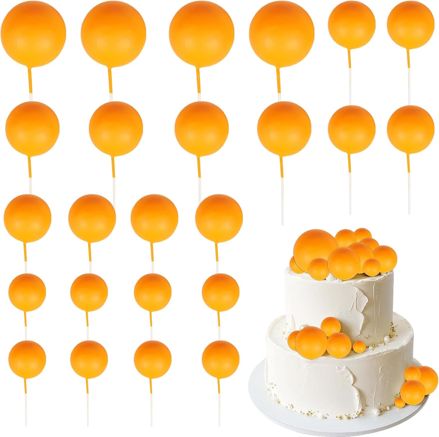 24 PCS Balls Cake Toppers Ball Cake Picks Foam Ball Shaped Cupcake Toppers Mini Balloons Baby Shower Cake Decorations for Wedding Enaggement Bridal Shower Birthday Party Supplies Orange