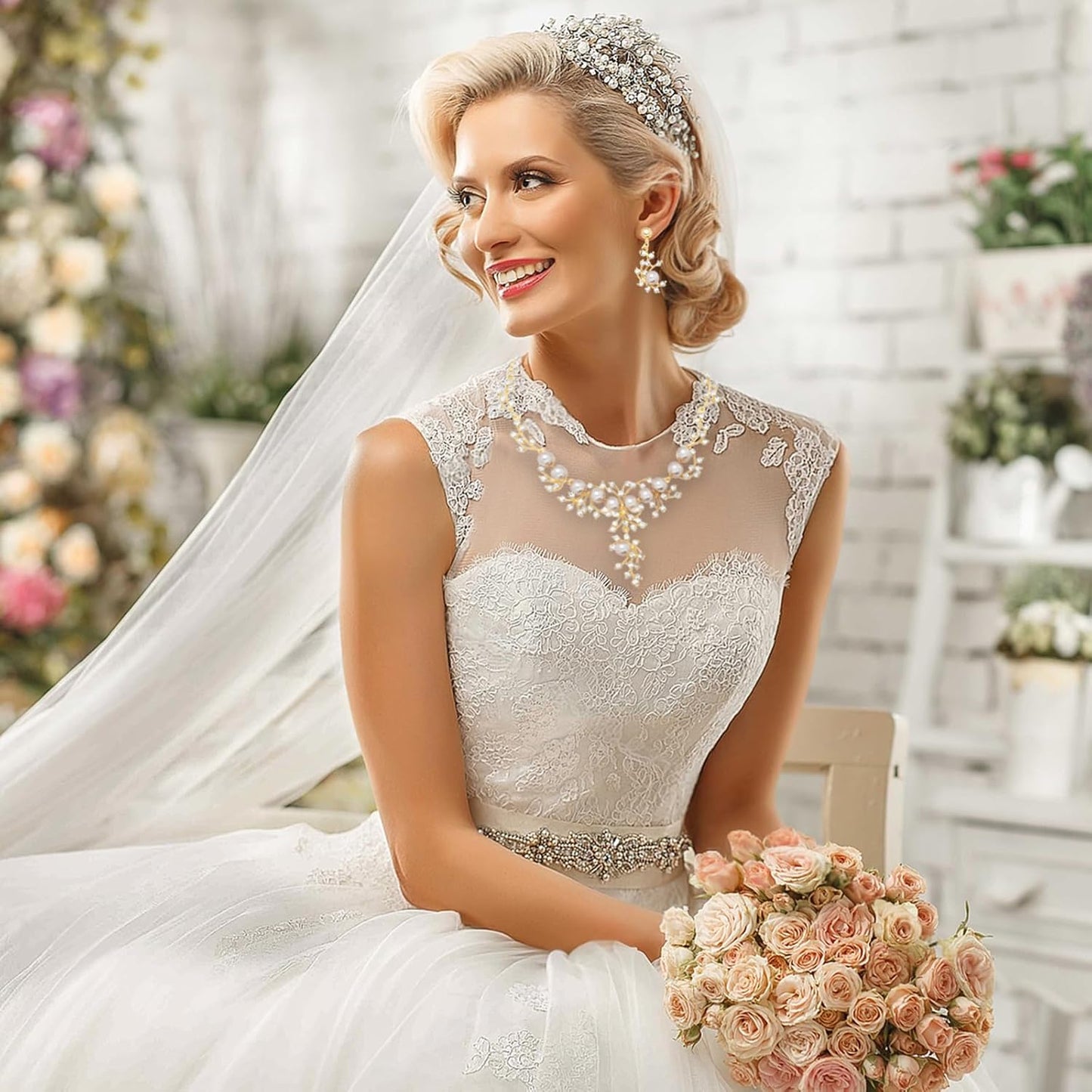 Jewelry Set for Women, Pearl Necklace Dangle Earrings Set Allergy Free Wedding Party Jewelry for Bridal Bridesmaid