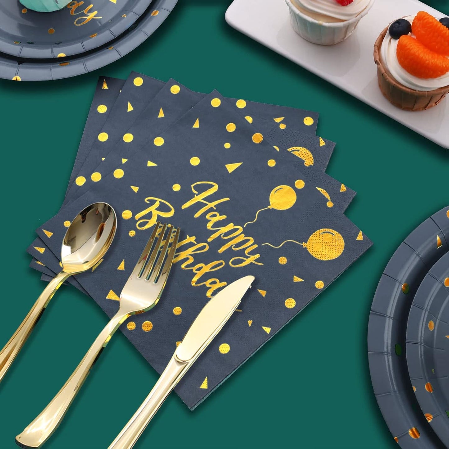 175 Pcs Blue Birthday Plates and Napkins Party Supplies - Blue and Gold Paper Plates and Cups and Napkins Sets for Men Happy Birthday Party Decorations, Serves 25