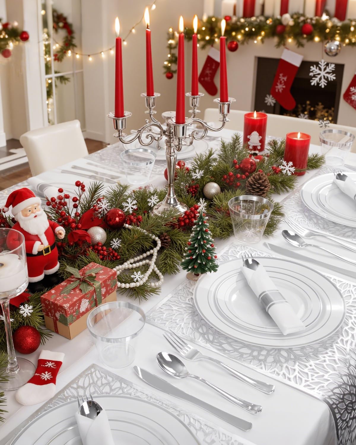 175PCS Sliver Plastic Plates - Christmas Plates Disposable - White Plate with Silver Trim 25Guests Plastic Dinnerware Sets with Rolled Napkins for Wedding/Birthday/Christmas