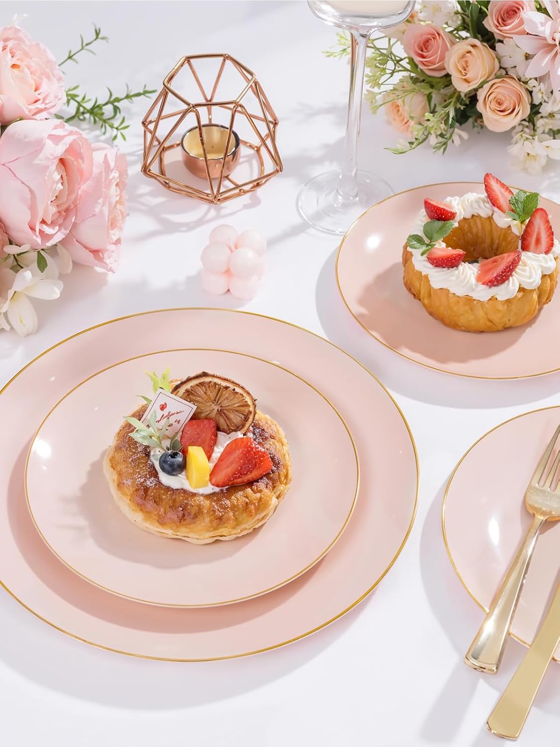 WDF 150Pcs Pink Plates Disposable - Pink and Gold Plastic Plates 25guest Disposable Dinnerware Include 25 Dinner Plate, 25 Dessert Plate, 25 Cutlery & 25 9oz Cups for Wedding & Party