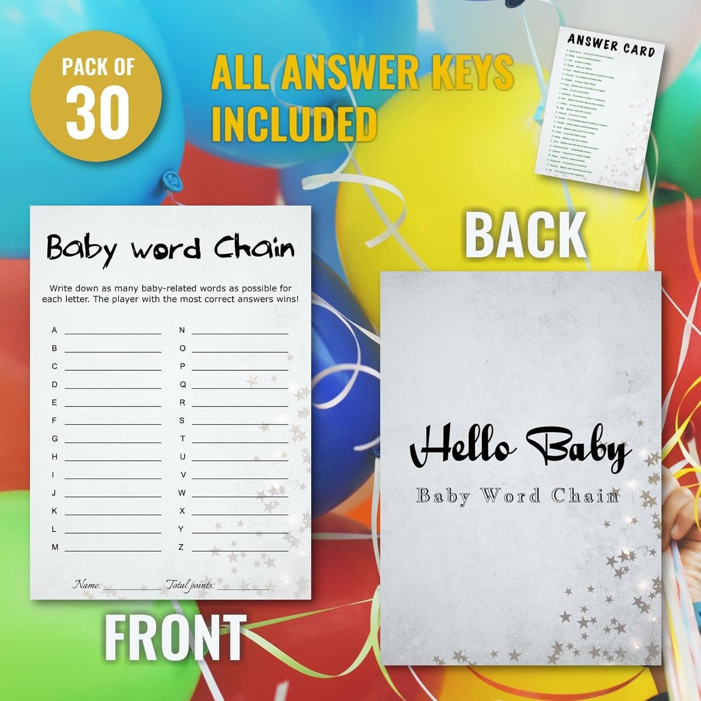 Baby Shower Word Chain Trivia Game Cards - 30 Player Minimalist with Answer Keys, Light Gray Star Design, Instant Fun (Word Chain)