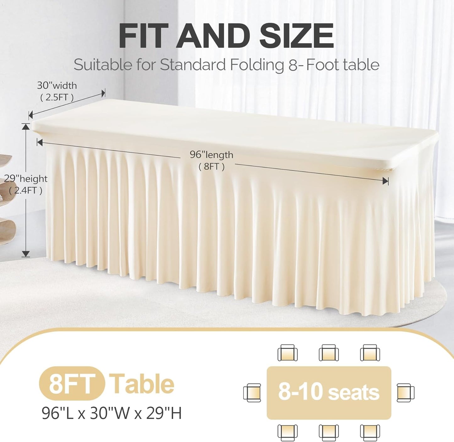 PARTISKY Ivory Spandex Tablecloth for 8ft Rectangle Tables, Stretchable Table Cover Skirt for Folding Tables Weddings Parties Banquets Events Trade Shows and Dessert Table