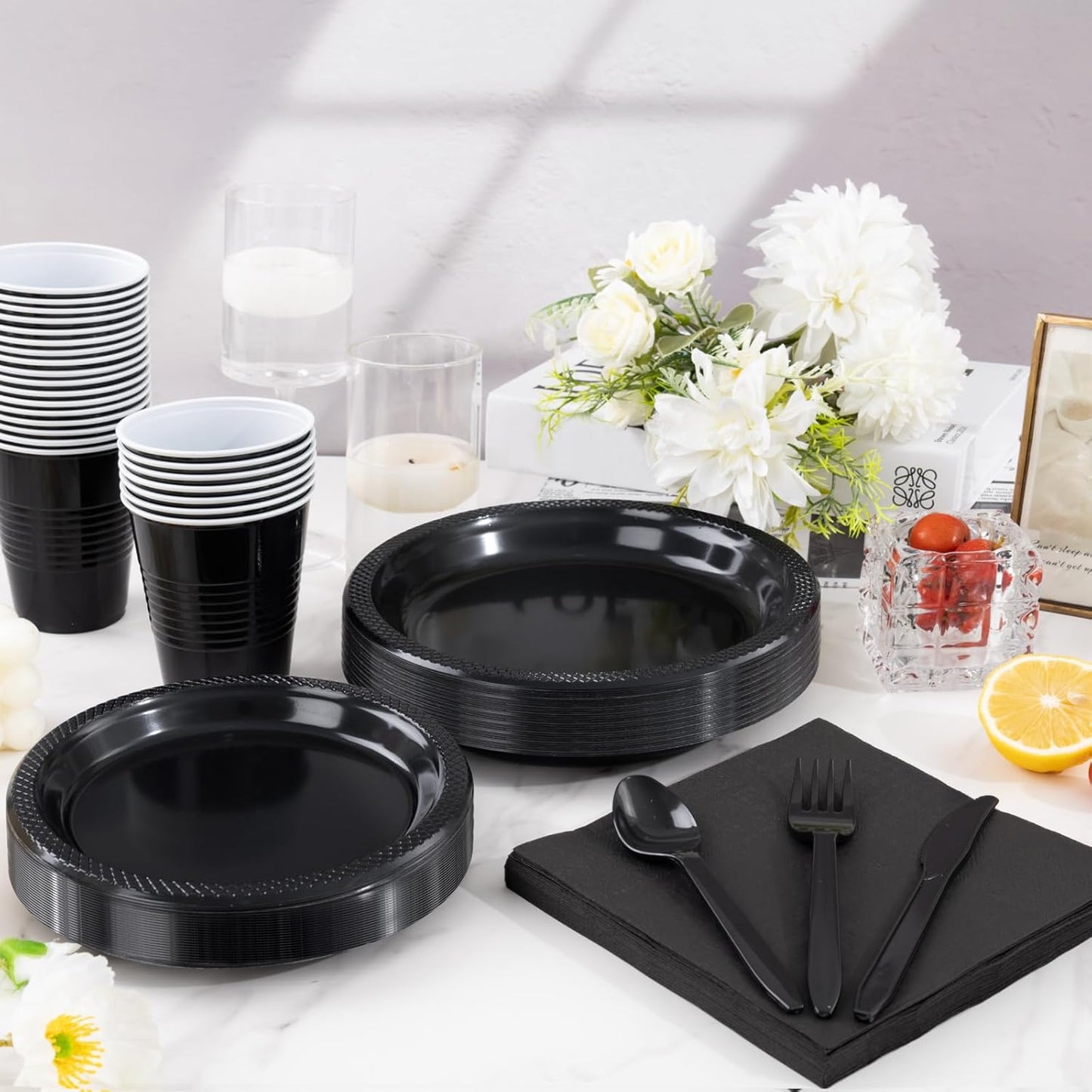 WELLIFE 210Pcs Black Plastic Plates, Disposable Dinnerware Set, Party Supplies Including Black plates, 12oz Cups, plastic Cutlery and Napkins Serve 30 Guests, Plastic Plates for Party