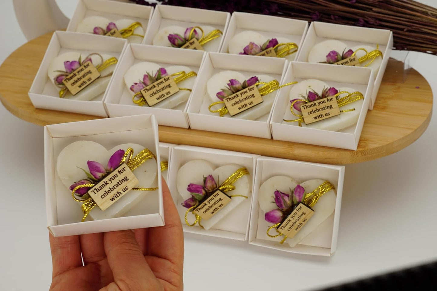 Heart Shaped Soaps 12-Pack, Handmade Scented Mini Soaps for Bridal Shower Party Favors, Wedding, Baby Shower, Thanks You for Celebrating with Us Wooden Tag, White Box
