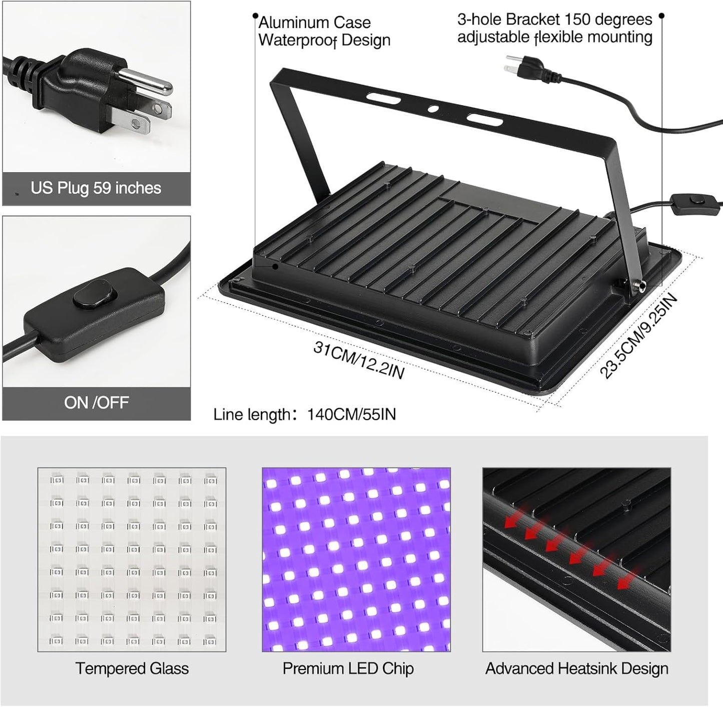 2 Pack 300W LED Black Light,Blacklight Outdoor with Plug, IP66 Waterproof UV Black Lights for Glow Party Large Space, Halloween, Fluorescent Poster, Body Paint