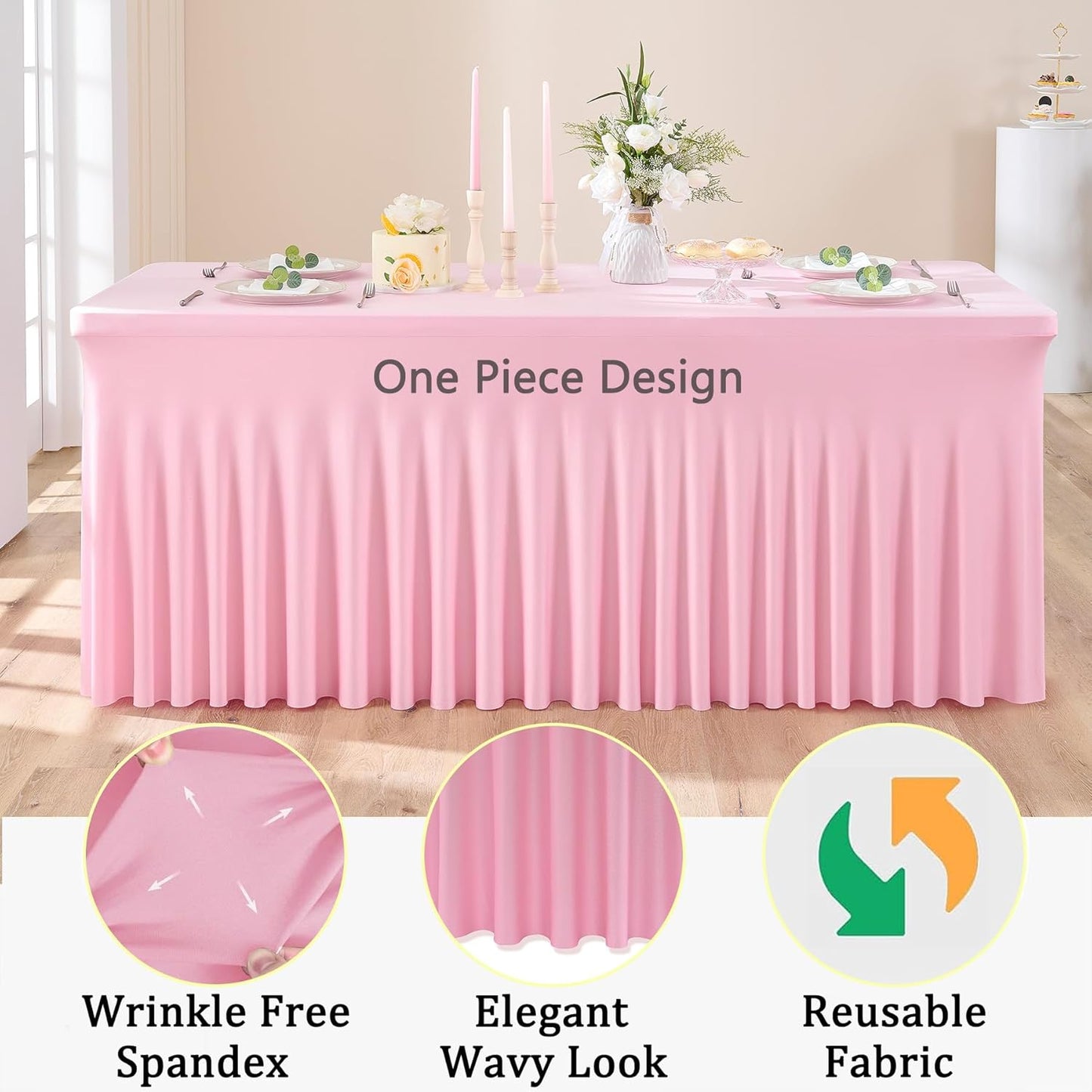 2Pack Baby Pink Spandex Table Clothes for 6 Foot Rectangle Tables, Wrinkle Free Fitted Tablecloths 6ft Stretchy Light Pink Tablecovers Desk Skirt for Parties Weddings Birthday Banquet Baby Shower