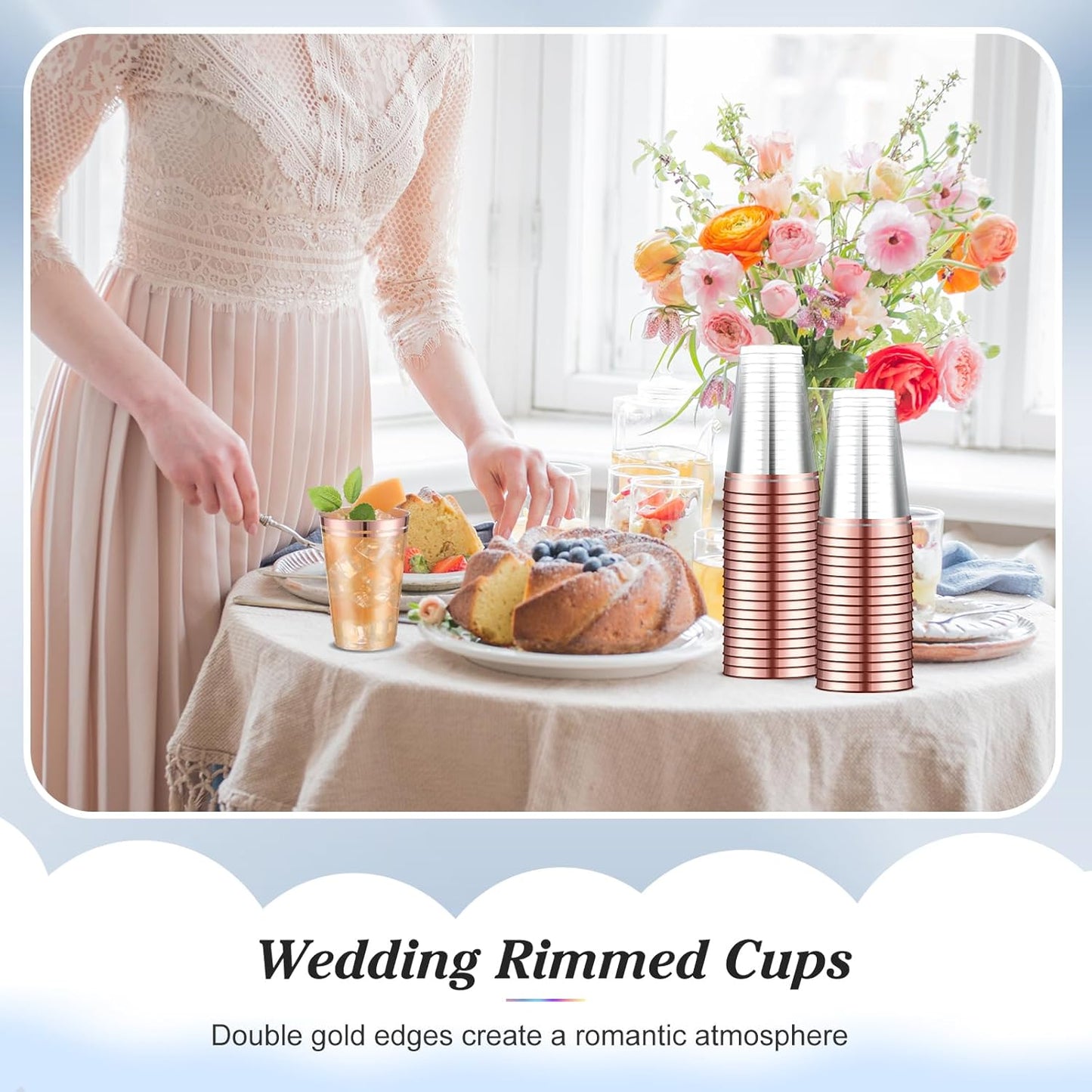 Sliner 50 Pcs Hard Plastic Cups Double Rimmed Plastic Cups Heavy Duty Fancy Disposable Wine Glasses for Holiday Wedding Graduation Birthdays Christmas Valentine Parties(14 Oz,Rose Gold)