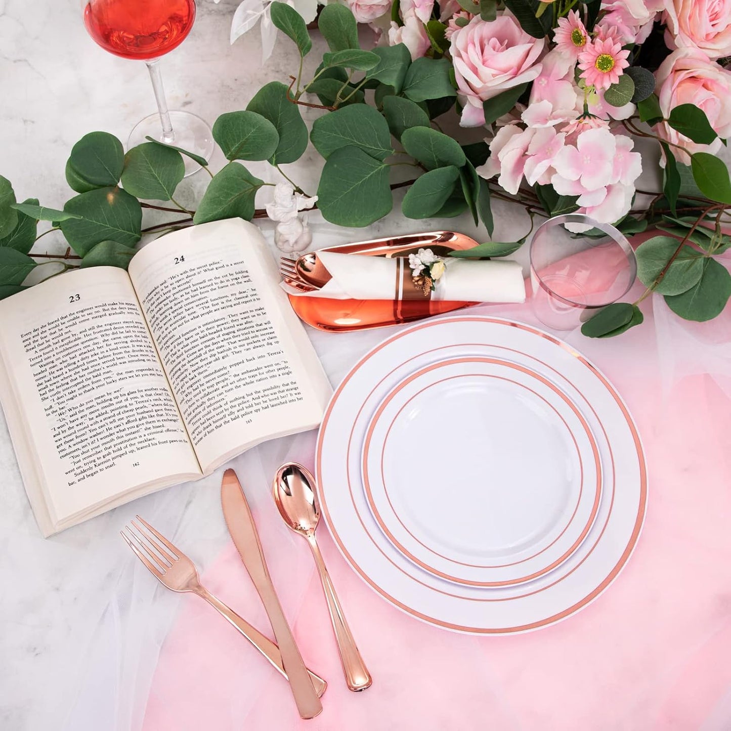 WELLIFE 350 Pieces Rose Gold Plastic Dinnerware, 50 Guests Disposable Plates with Rose Gold silverware and Cups, 50 Pre Rolled Napkins with Cutlery, Perfect for Wedding and Party