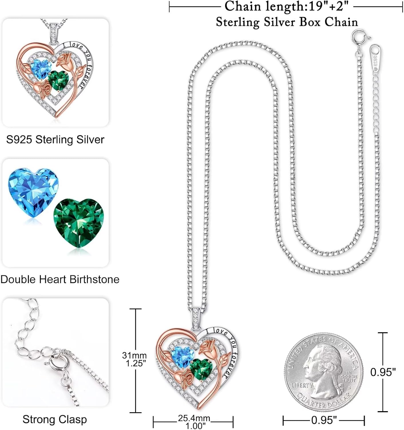 Iefil Birthstone Necklace for Women - Sterling Silver Birthstone Necklace Anniversary Birthday Gifts for Her Wife Mom Daughter