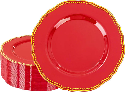 Hioasis 60pcs Red Plastic Plates - Red and Gold Disposable Dinnerware with Gold Rim, Heavy-duty, 10.25 inch, Dinner Plates for Party & Wedding