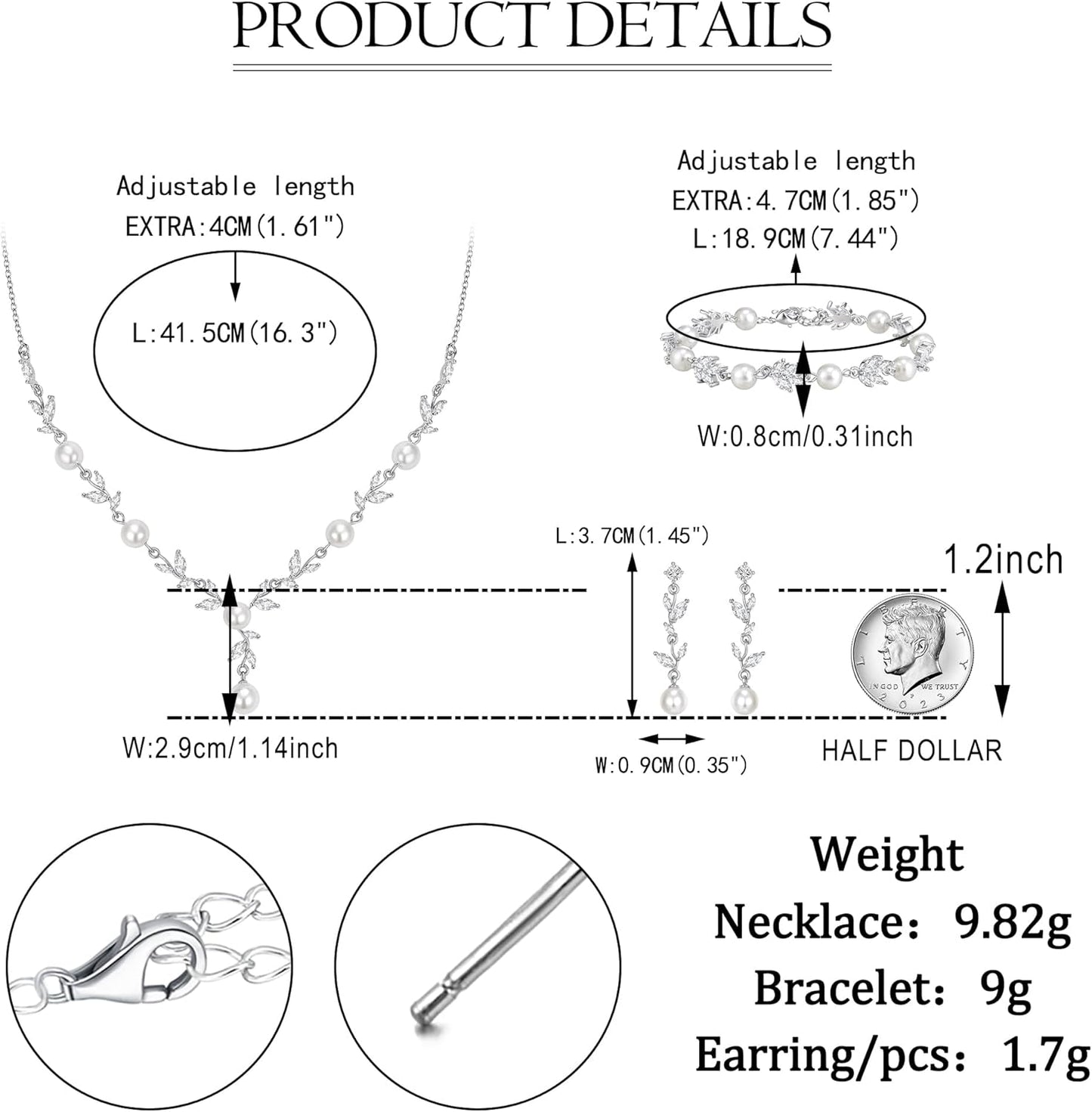 EVER FAITH Bridal Cubic Zirconia Jewelry Sets for Women, White Simulated Pearl Leaf Vine Pendant Wedding Party Necklace Earrings Set for Bridesmaid Bride