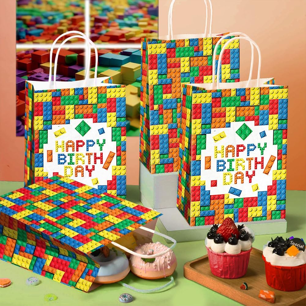 24 Pcs Building Block Party Favor Bags with Handles - Bricks Goodie Gift Candy Bags for Birthday Party Baby Shower Supplies Decorations