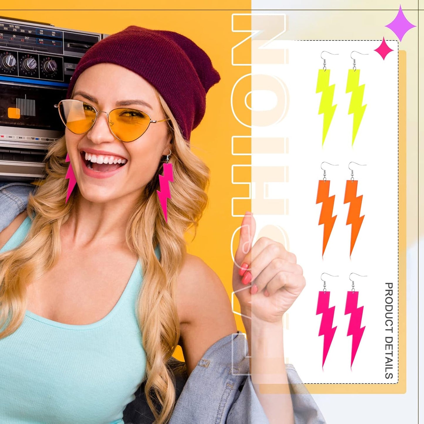 Yinkin 6 Pairs 80s 90s Neon Earrings Lightning Earrings for Women Halloween Costume Party Dancing Glow Party Accessory