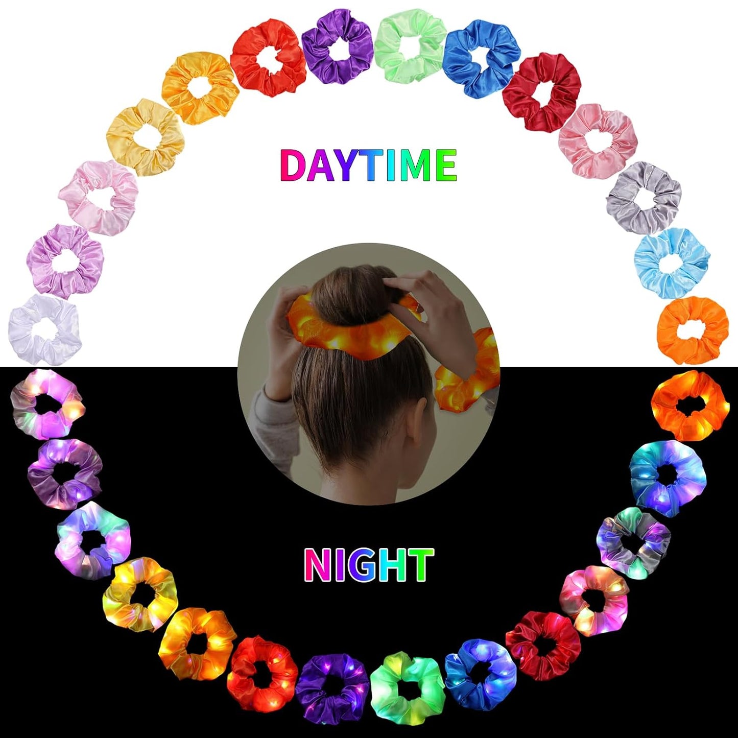 36Pcs Light Up Scrunchies, LED Hair Scrunchies for Women Girls Neon Colorful Hair Tie 3 Light Modes Glow in the Dark Hair Accessories for Rave Slumber Birthday Halloween Christmas Light Up Party Favor
