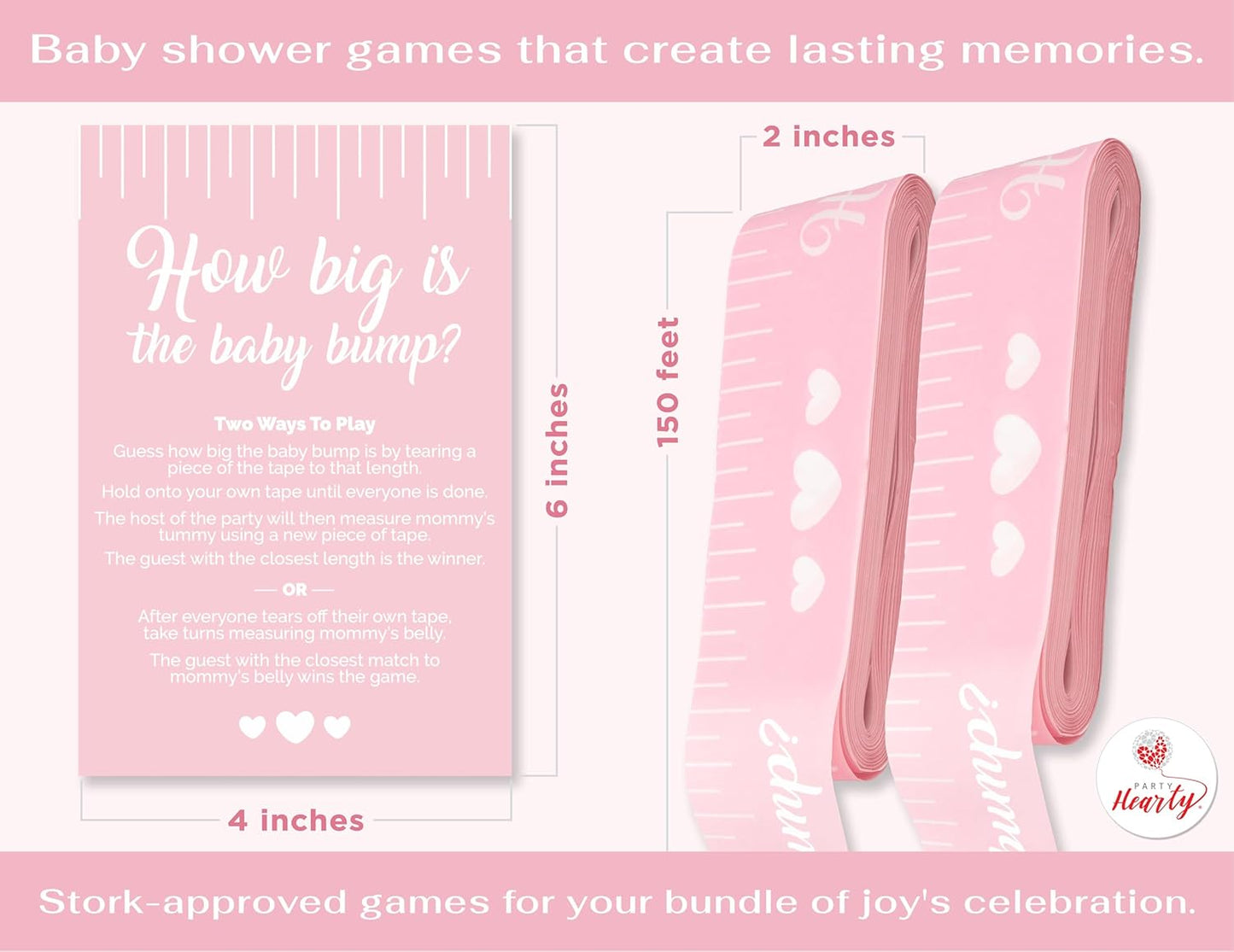 Party Hearty Funny Baby Shower Games for Girl Activities, 2 Rolls, 2 inches x 150 feet, Pink Tummy Measure, Fun & Easy Idea