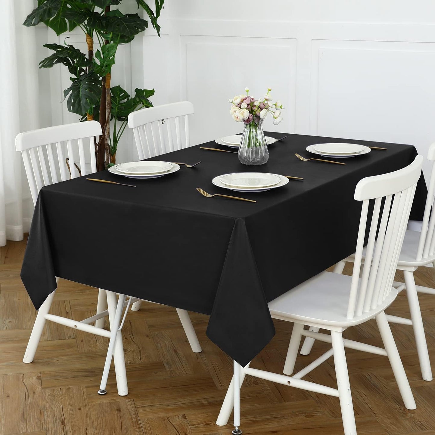 Romanstile 100% Waterproof PVC Tablecloth, Rectangle Oil Spill Proof Stain Resistant Vinyl Table Cloth, Wipe Clean Plastic Table Covers for Kitchen/Dining/Parties - 60 x 102 Inch, Black