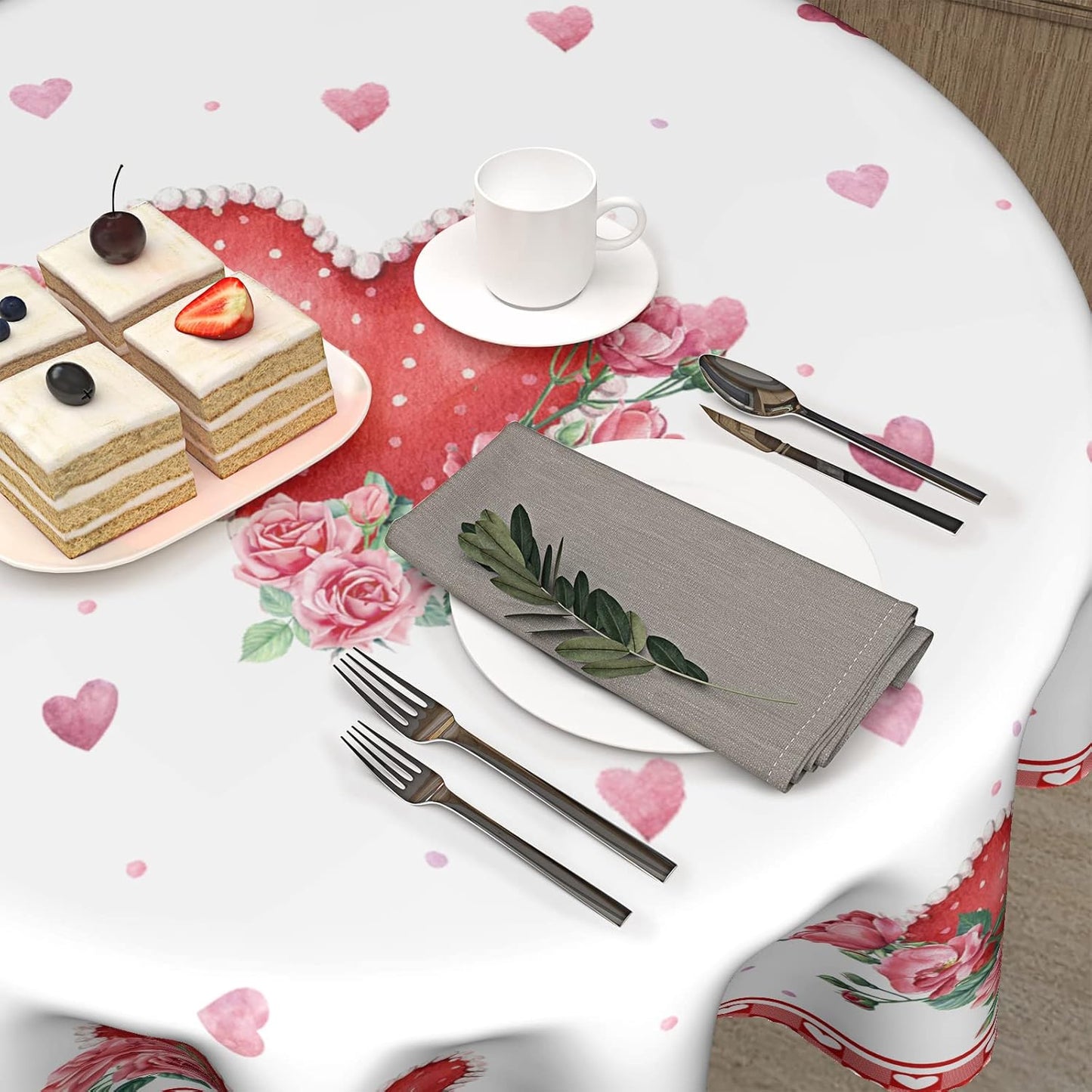 Giwawa Valentines Day Round Tablecloth 60 Inch, Red Pink Hearts Rose Flower Circular Table Cloth with Check Plaid, Love Watercolor Romantic Table Cover for Kitchen Dining Anniversary Decor