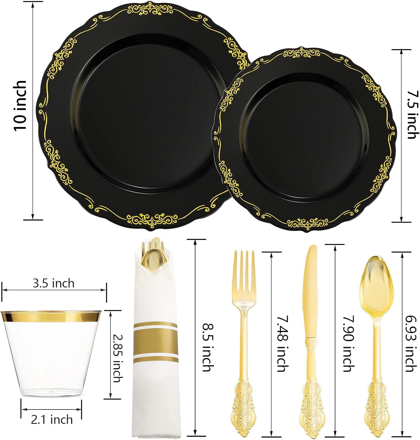 U-QE 175PCS Black Plastic Plates&Pre Rolled Napkins with Gold Cutlery, Black and Gold Plastic Dinnerware Set for 25Dinner Plates, 25Dessert Plates, 25Cups, 25Gold Silverware Sets, 25Napkins for Party