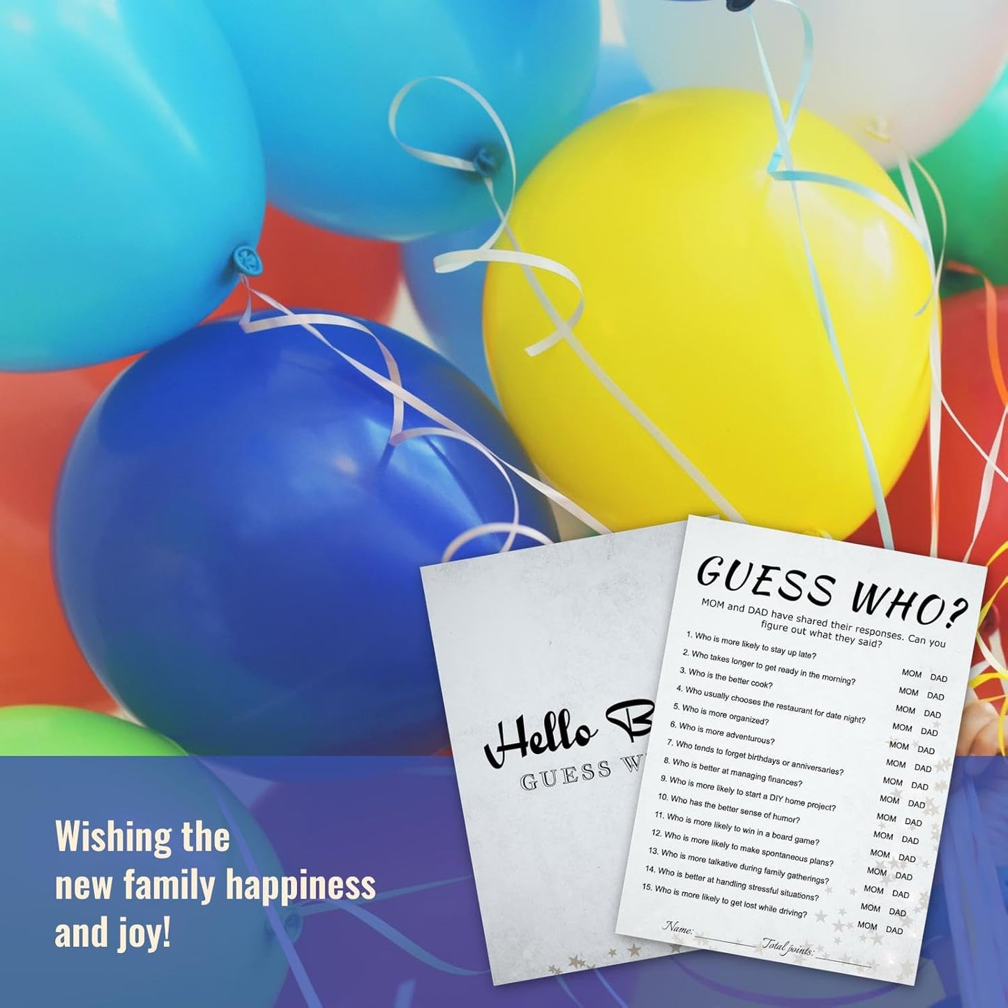 Baby Shower Guess Who Trivia Game Cards - 30 Player Family Friend Party, Minimalist Light Gray Design, Ready to Play, 5x7 Inch with Stars & Strips (Guess Who)