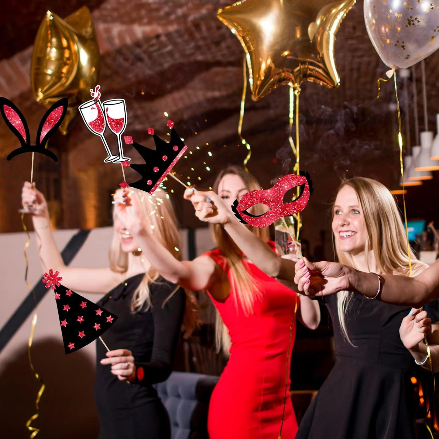 Zonon 24 Pieces Funny Photo Booth Props:Halloween,Christmas,Family Reunion, Class Reunion, Birthday, Weddings, Prom Disco Mardi Gras Party Supplies - Mix of Hats, Lipstick, Tie(Red and Black)