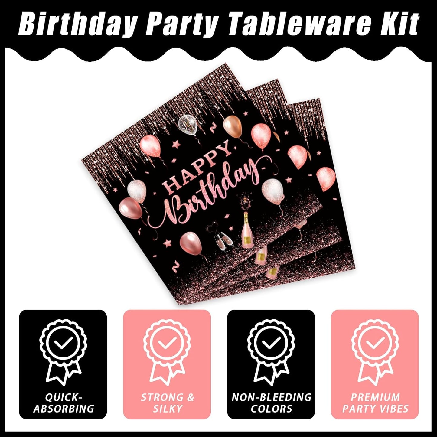 96 Pcs Rose Gold Birthday Plates and Napkins Party Supplies for Women Paper Pink Girls Glitter Happy Birthday Party Disposable Tableware Set Decorations Favors, Serves 24