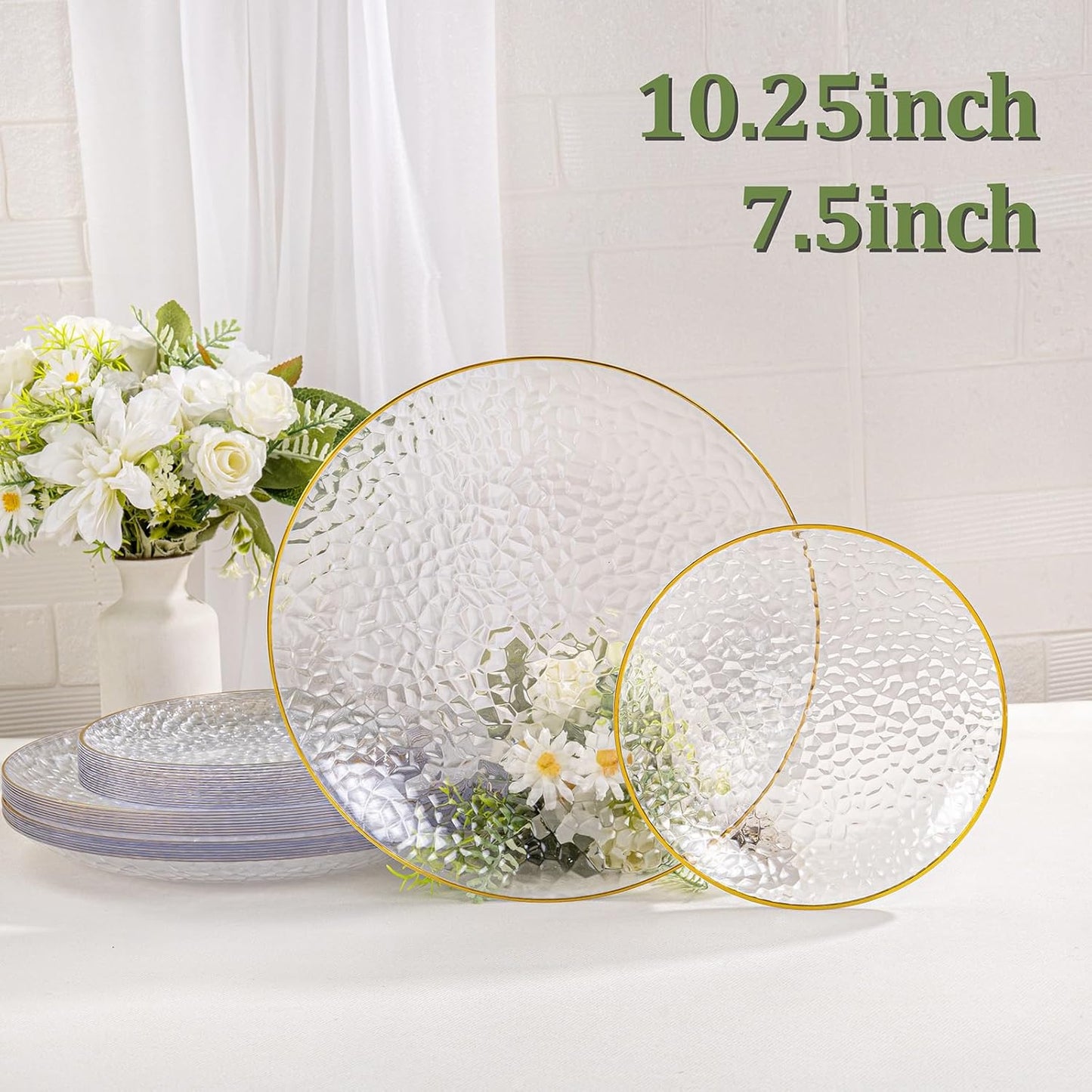 SUT 36Pcs Clear Thanksgiving Plastic Plates, Hammered Plates Disposable Heavy Duty, Clear Disposable Plates With Gold Rim, Fancy Plastic plates Include 18 Dinner and 18 Dessert plates for Wedding