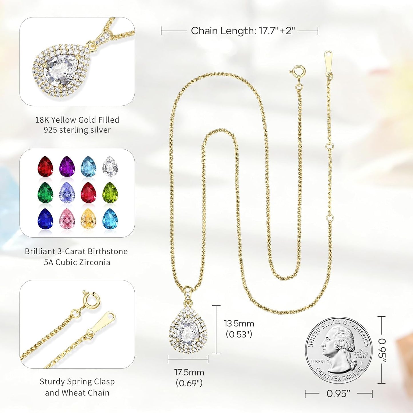 Gold Necklace for Women-Teardrop Birthstone Pendant-18K Gold Plated Chain with Light-Up Gift Box, Jewelry for Women,Anniversary Birthday Gifts for Her Wife Girlfriend Mom,Womens Jewelry