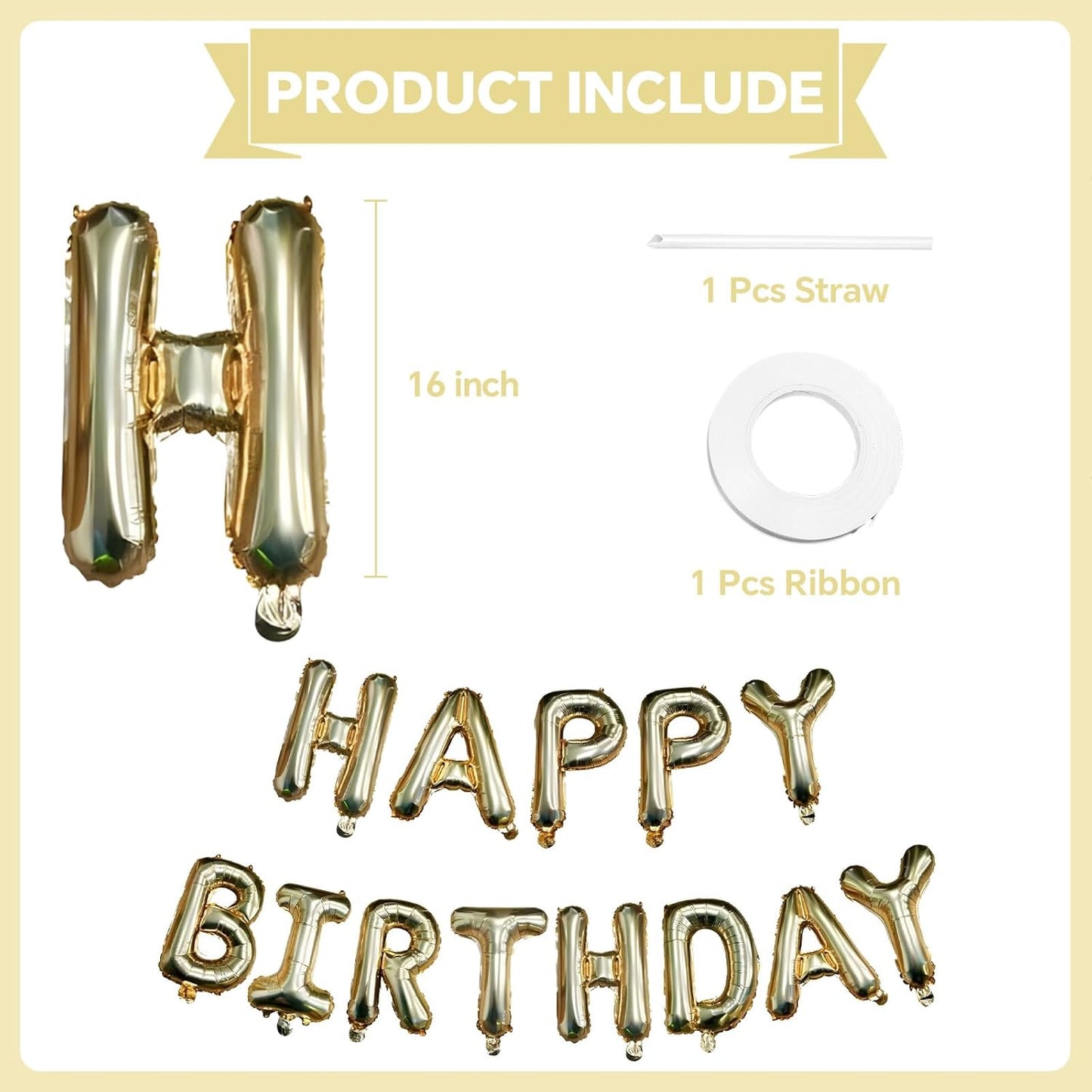 KALOR Light Gold Happy Birthday Balloons Banner, 16 Inch Mylar Foil Letters Balloon Sign for Women, Men, Boys & Girls Kids Birthday Decorations Photo Backdrop