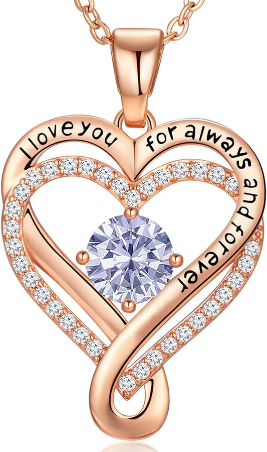 18K Rose Gold Infinity Love Heart Birthstone Necklace for Women Wife, Anniversary for Women Wife Birthday Gift for Her Girlfriend Mom Daughters, I Love You Women's Jewelry S925 Sterling Silver