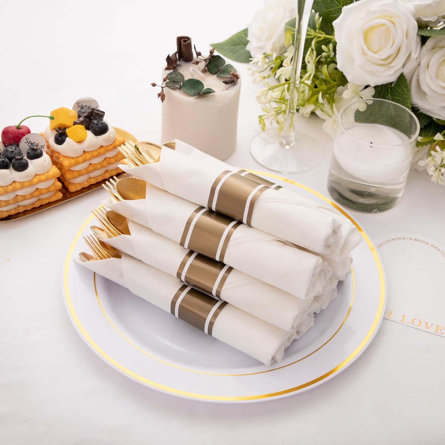 50Guests Pre Rolled Gold Plastic Silverware Sets - Heavy Duty Gold Cutlery - Include 50 Pack Wrapped Disposable Utensils with Napkins for Parties, Dinners & Weddings