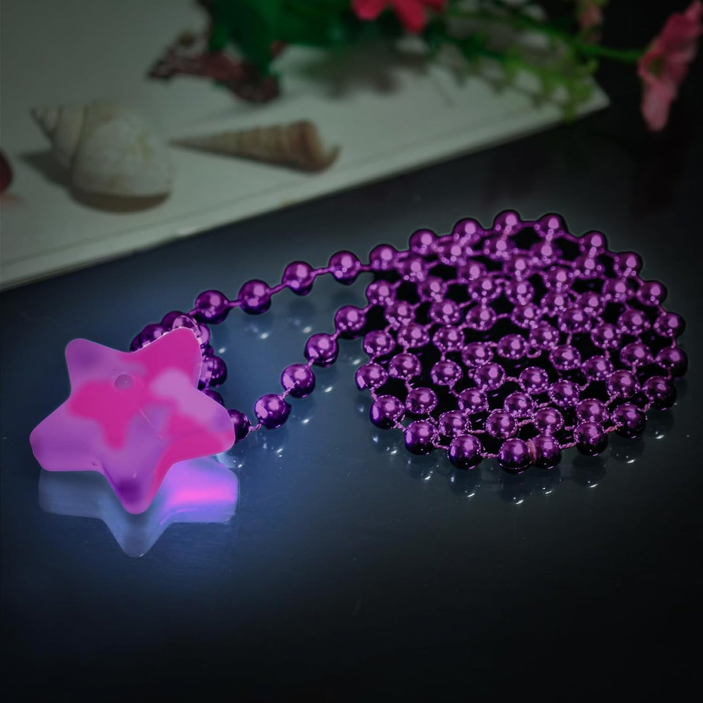 6 Pack Purple LED Glow Star Necklace Bulk Beaded Necklaces for Halloween Christmas Decorations Mardi Gras Party Favors