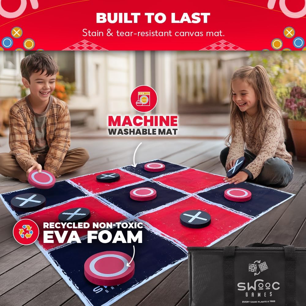 Swooc Games® - 2-in-1 Vintage Giant Checkers & Tic Tac Toe Game W/Mat (3ft x 3ft) - 100% Machine-Washable Canvas - Giant Outdoor Games for Kids - Yard Game for Kids - Jumbo Lawn Set - Large Checkers